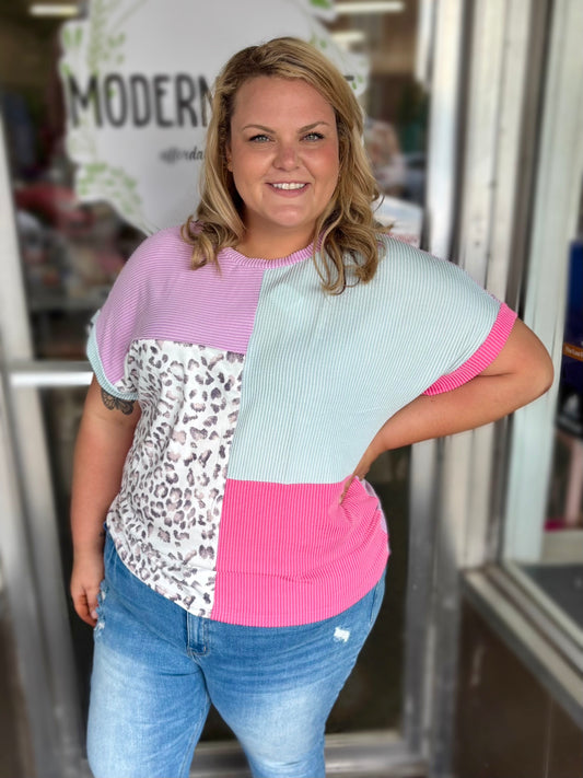 Rose Red Leopard Colorblock Patchwork Corded Knit Plus Size T Shirt