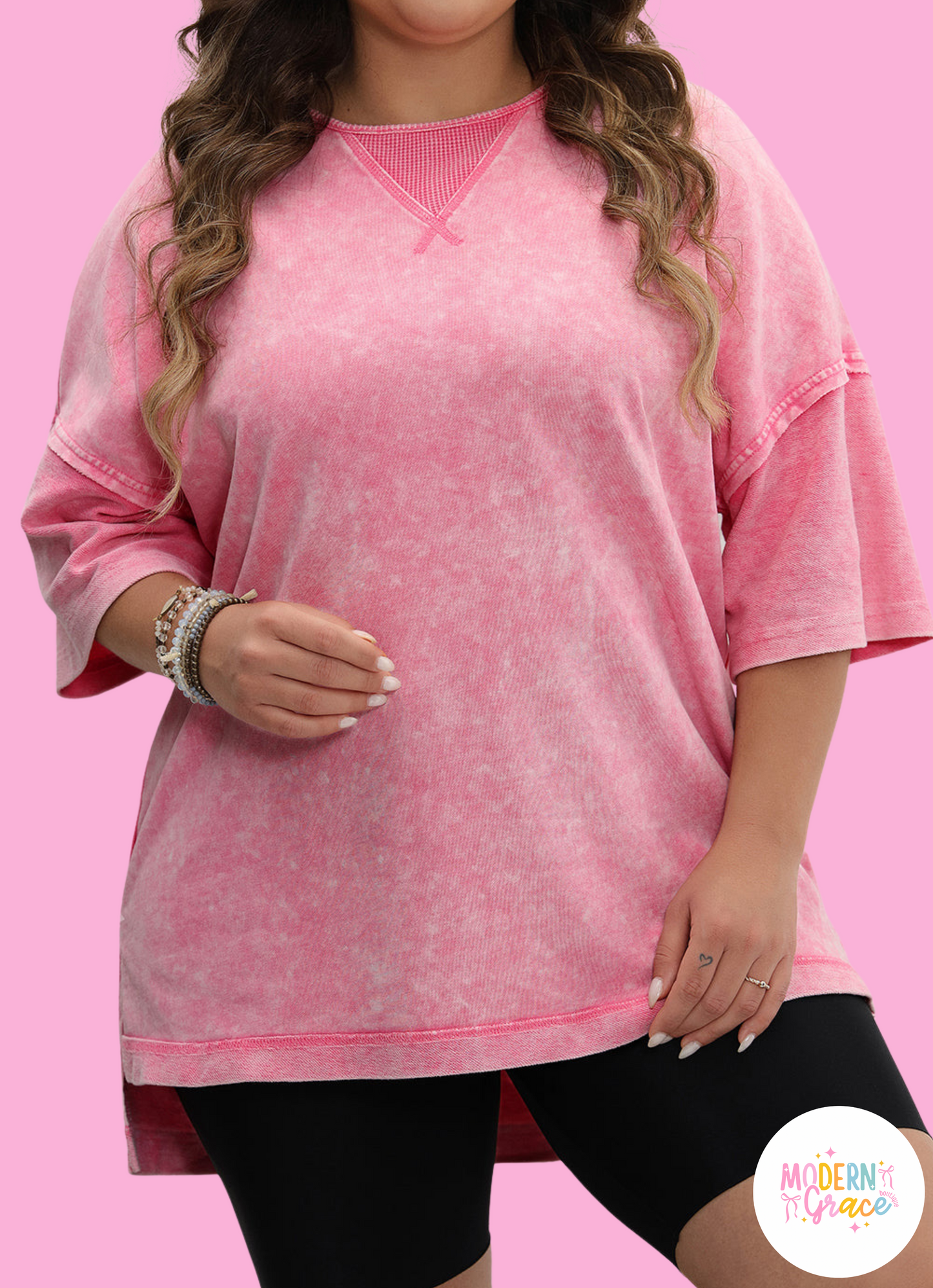 Strawberry pink mineral wash plus size tee by Modern Grace featuring drop sleeves and patchwork design, casual and stylish fit.