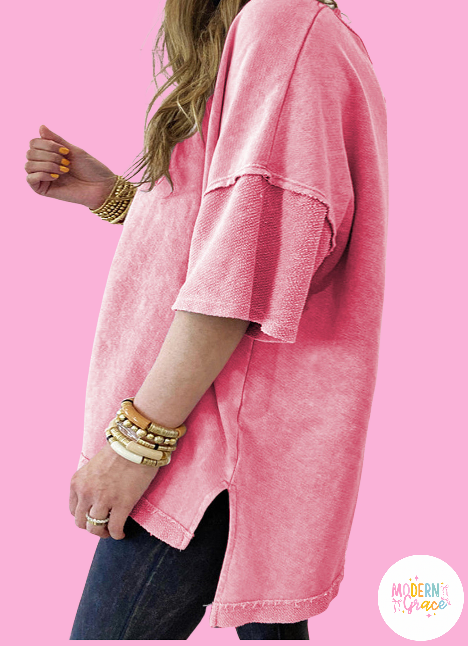 Strawberry pink Modern Grace plus size tee with drop sleeves and patchwork design, featuring a mineral wash finish.