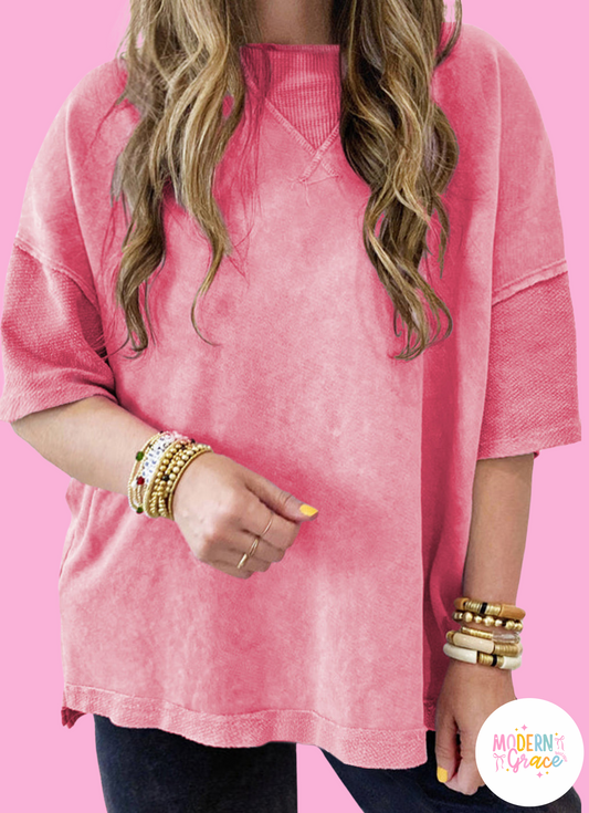 Strawberry pink mineral wash drop sleeve patchwork plus size tee by Modern Grace, featuring relaxed fit and casual style.