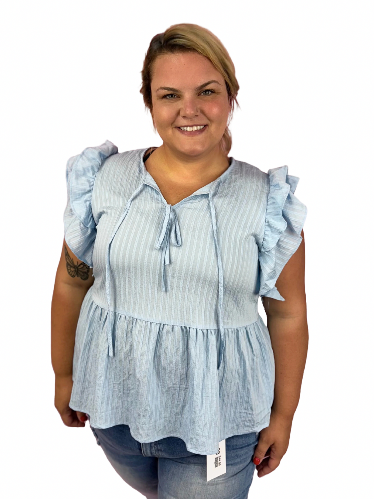 Blue flutter sleeve top by Modern Grace featuring a curvy fit and stylish flutter sleeves, perfect for casual or chic outfits.