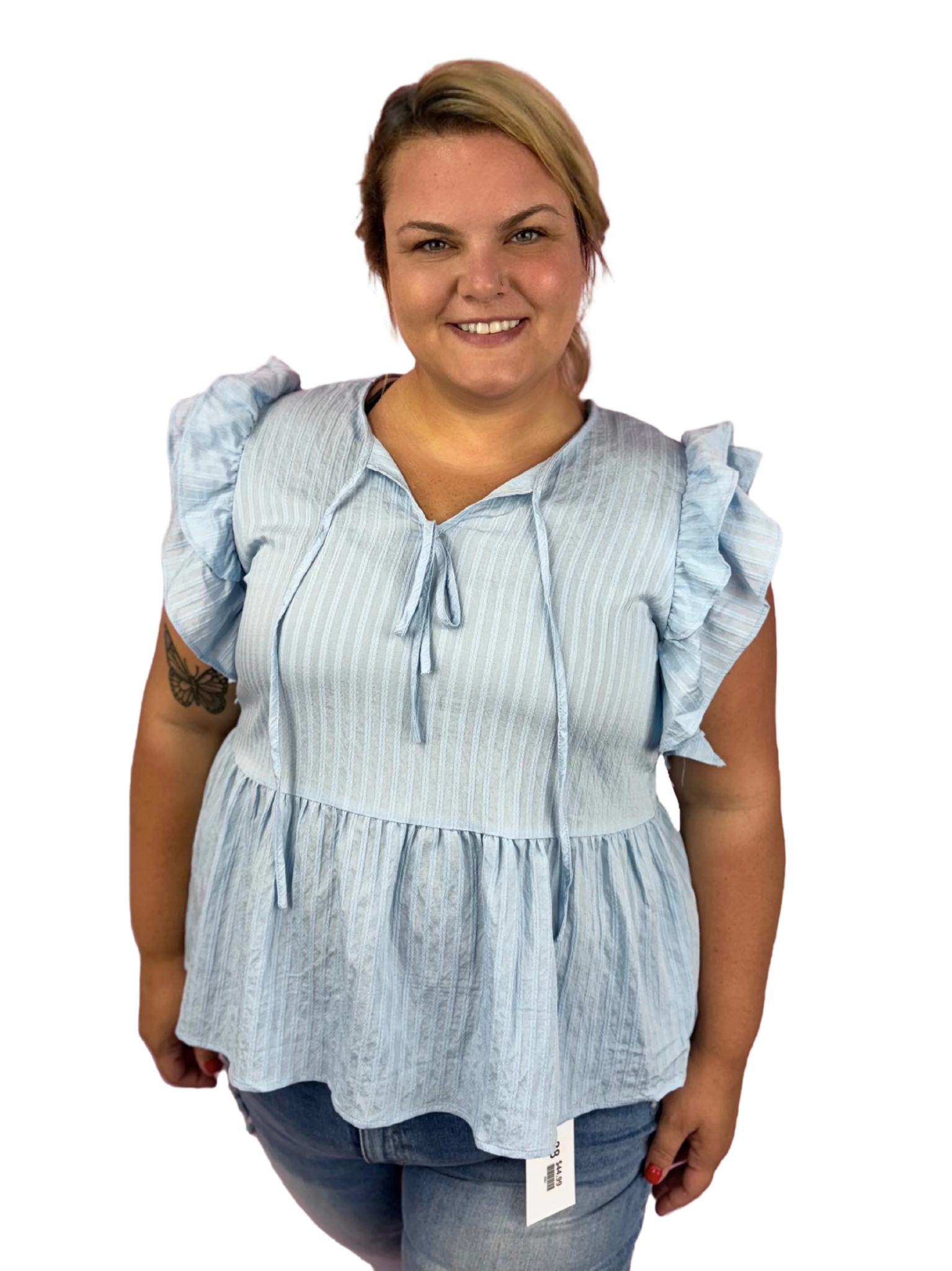 Blue flutter sleeve top by Modern Grace featuring a curvy fit and stylish flutter sleeves, perfect for casual or chic outfits.