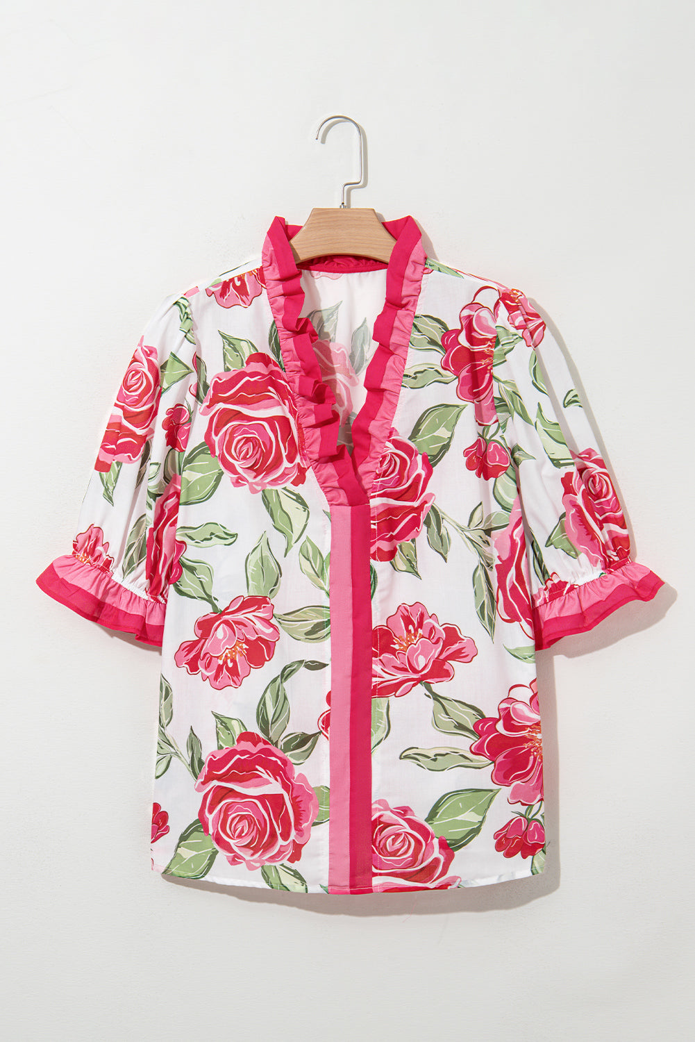 Modern Grace plus size floral print short sleeve blouse with frilled and striped details, designed for curvy figures.