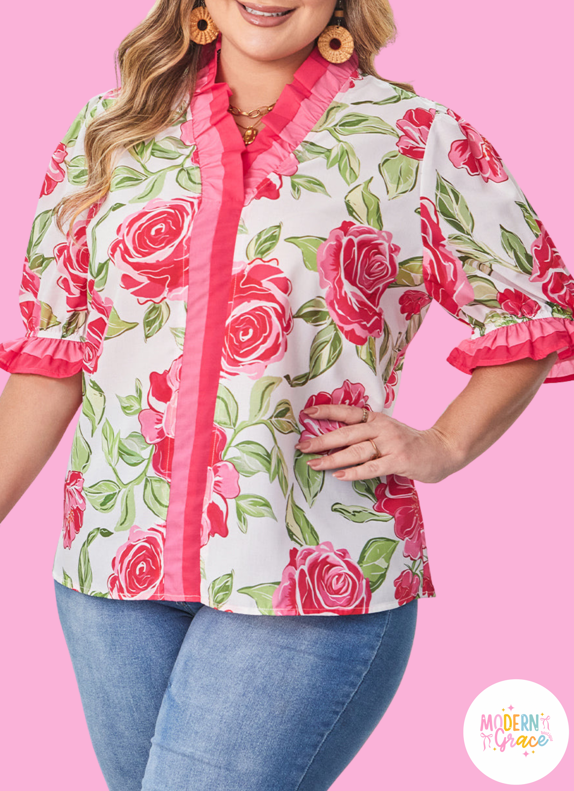 Plus size floral print blouse by Modern Grace with frilled stripes, short sleeves, and a flattering fit, perfect for stylish summer looks.
