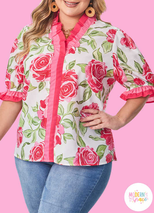 Plus size floral print blouse by Modern Grace with frilled stripes, short sleeves, and a flattering fit, perfect for stylish summer looks.
