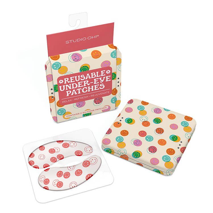 Modern Grace Happy Vibes reusable under-eye patches for skincare, showing the soothing patches on a user's under-eye area.