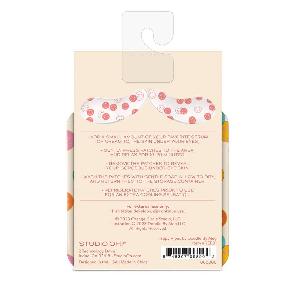 Modern Grace Happy Vibes reusable under-eye patches for skincare, showing the gel patches on a woman's skin.