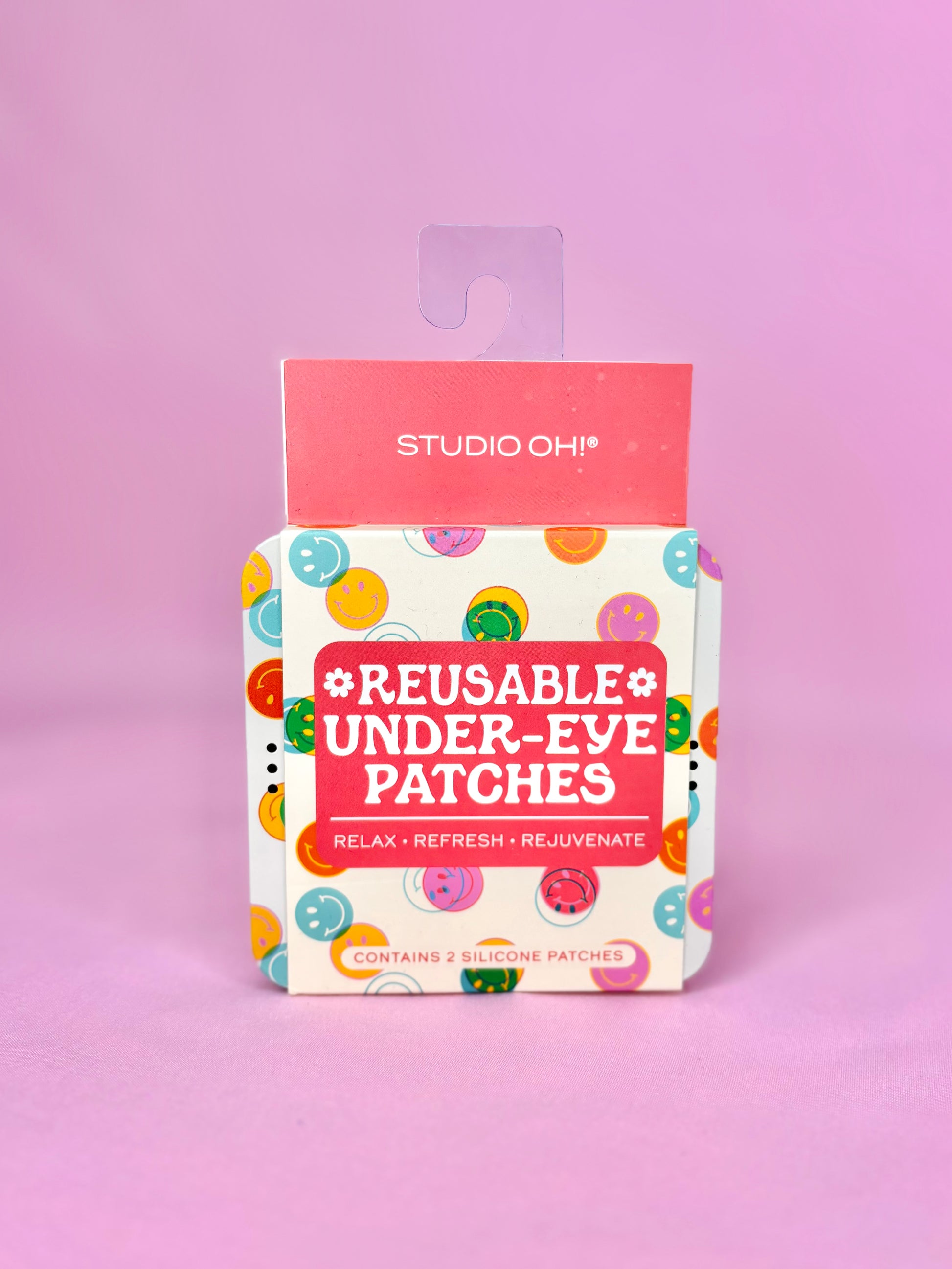 Modern Grace Happy Vibes reusable under-eye patches for skincare, shown on a clean, bright surface with the product packaging.