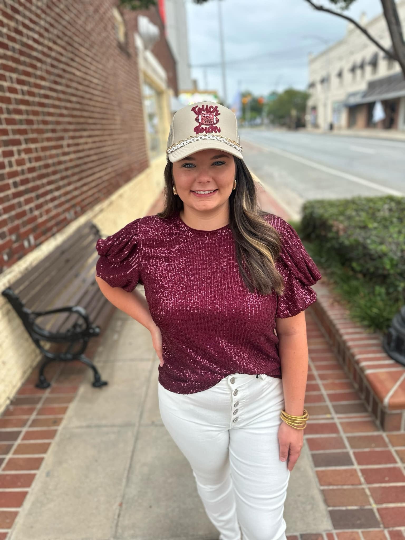 Burgundy sequin bubble sleeve blouse by Modern Grace featuring shiny sequins and voluminous bubble sleeves.