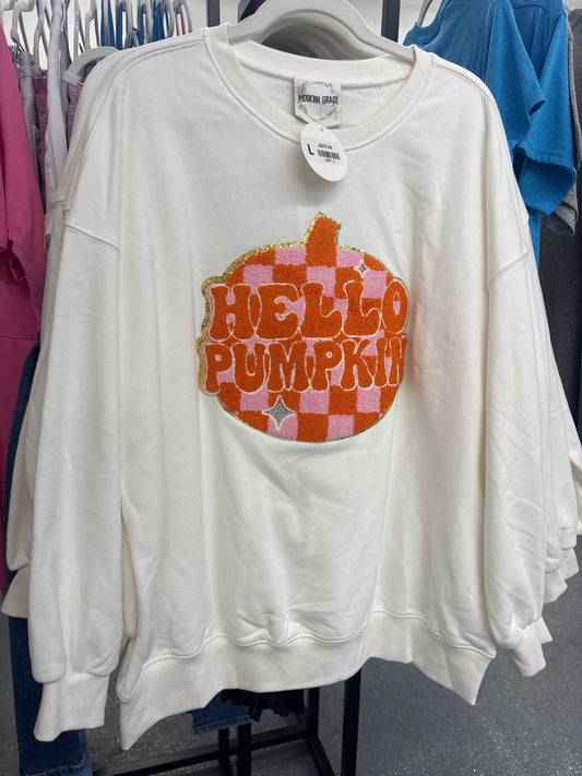 Modern Grace Hello Pumpkin checkered sweatshirt featuring a cozy, casual design with a classic red and black plaid pattern.