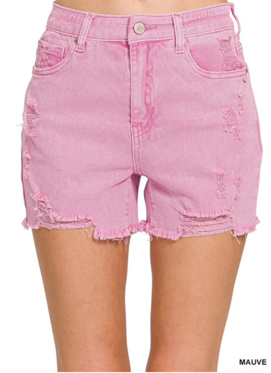 Mauve distressed raw hem shorts by Modern Grace, featuring a casual fit and frayed edges, perfect for summer wear.