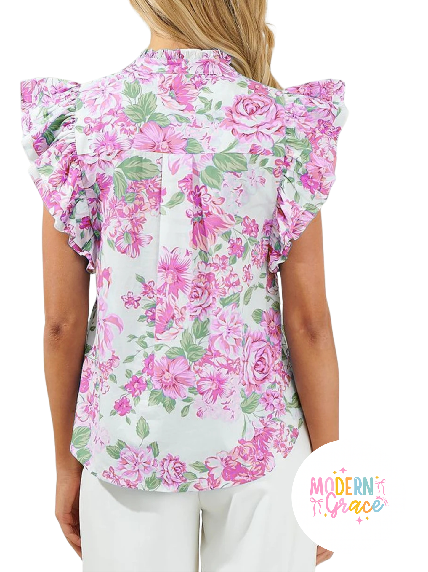Pink floral print ruffle sleeve button-up shirt from Modern Grace, featuring frilly details and a stylish, feminine design.