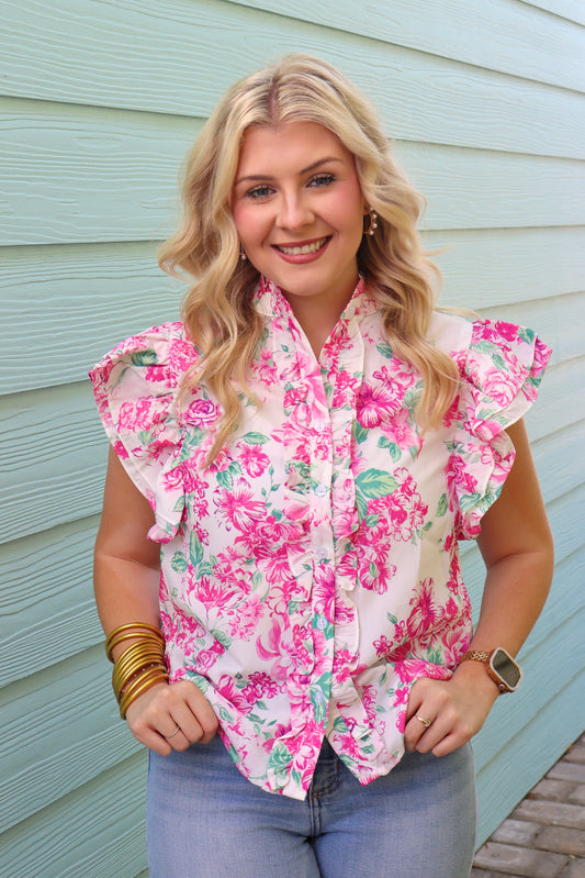 Pink Floral Print Ruffle Sleeve Frilly Button Up Shirt