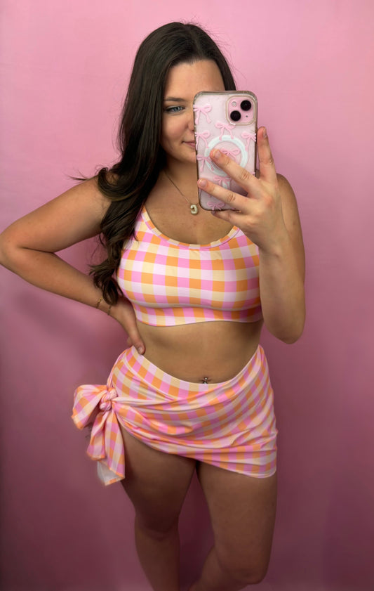 Pink & Orange Gingham High Waist Bikini Bottom with Cover Up