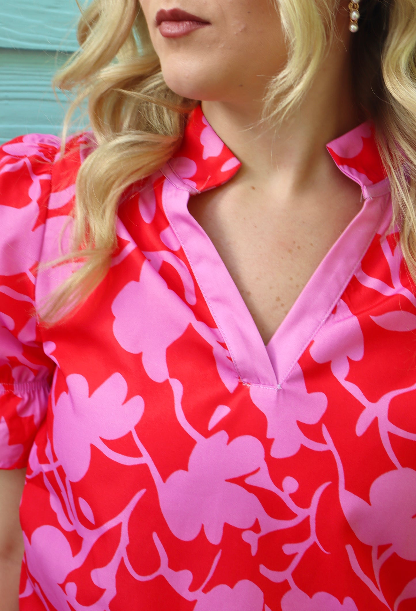 Red Floral Split V Neck Ruffled Short Sleeve Blouse Top