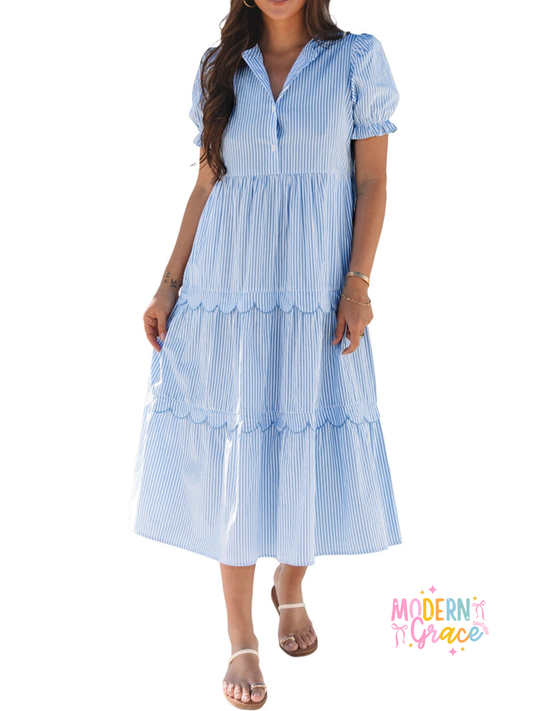 Sky blue stripe bubble short sleeve tiered scallop long dress by Modern Grace, featuring a flowy silhouette and scalloped hem.