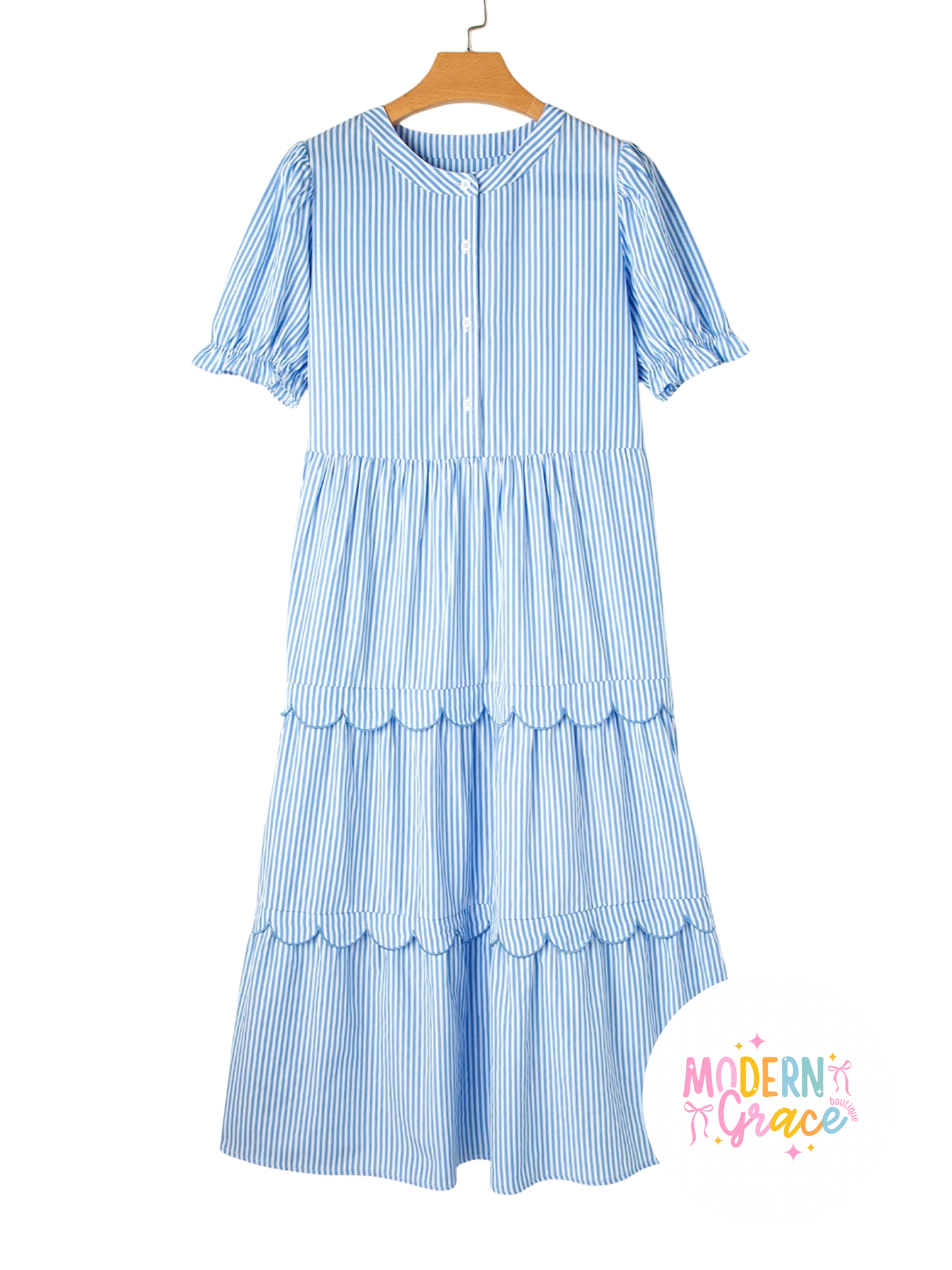 Sky blue stripe bubble short sleeve tiered scallop long dress by Modern Grace, featuring a flowy silhouette and layered design.