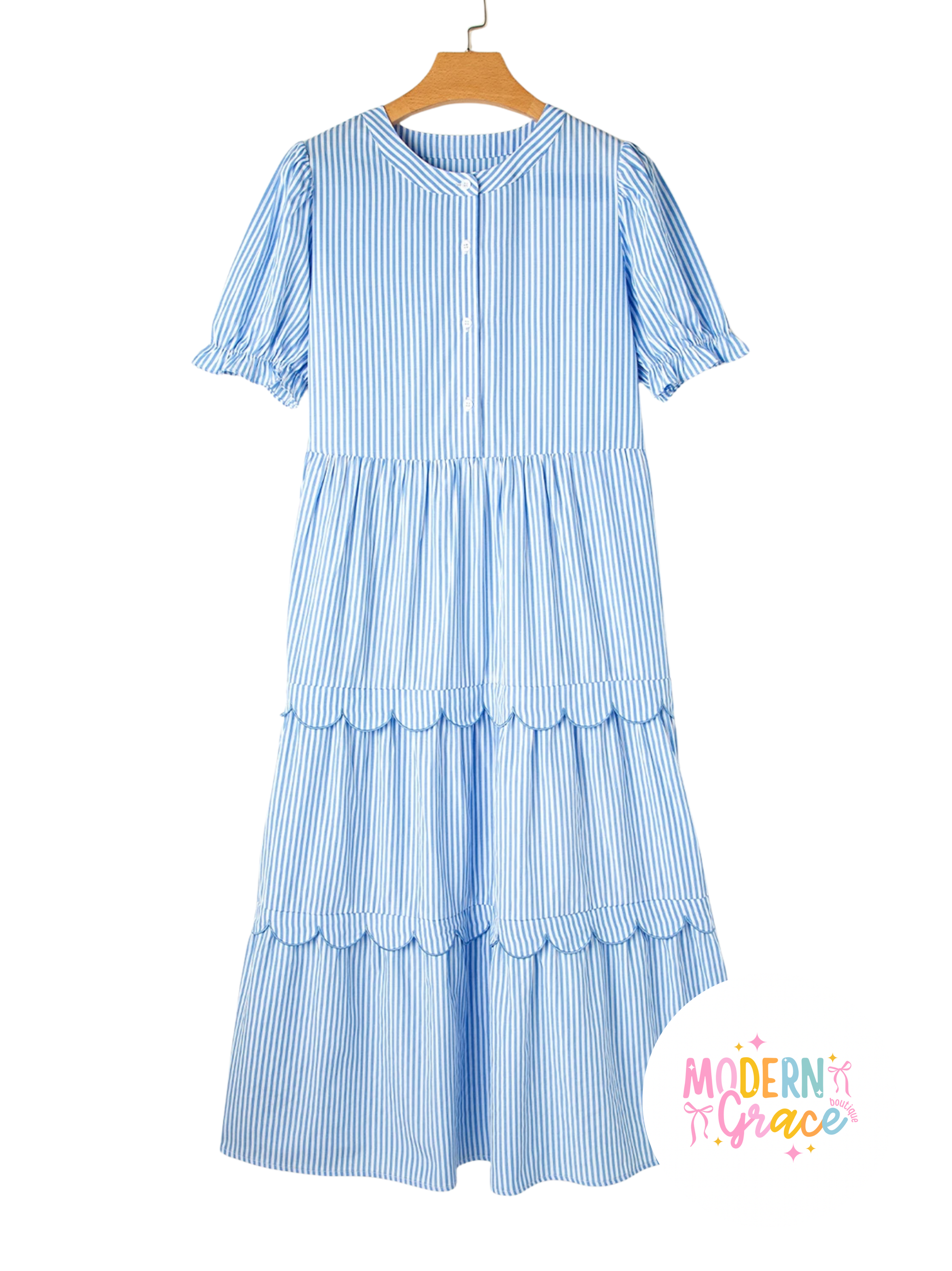 Sky blue stripe bubble short sleeve tiered scallop long dress by Modern Grace, featuring a flowy silhouette and layered design.