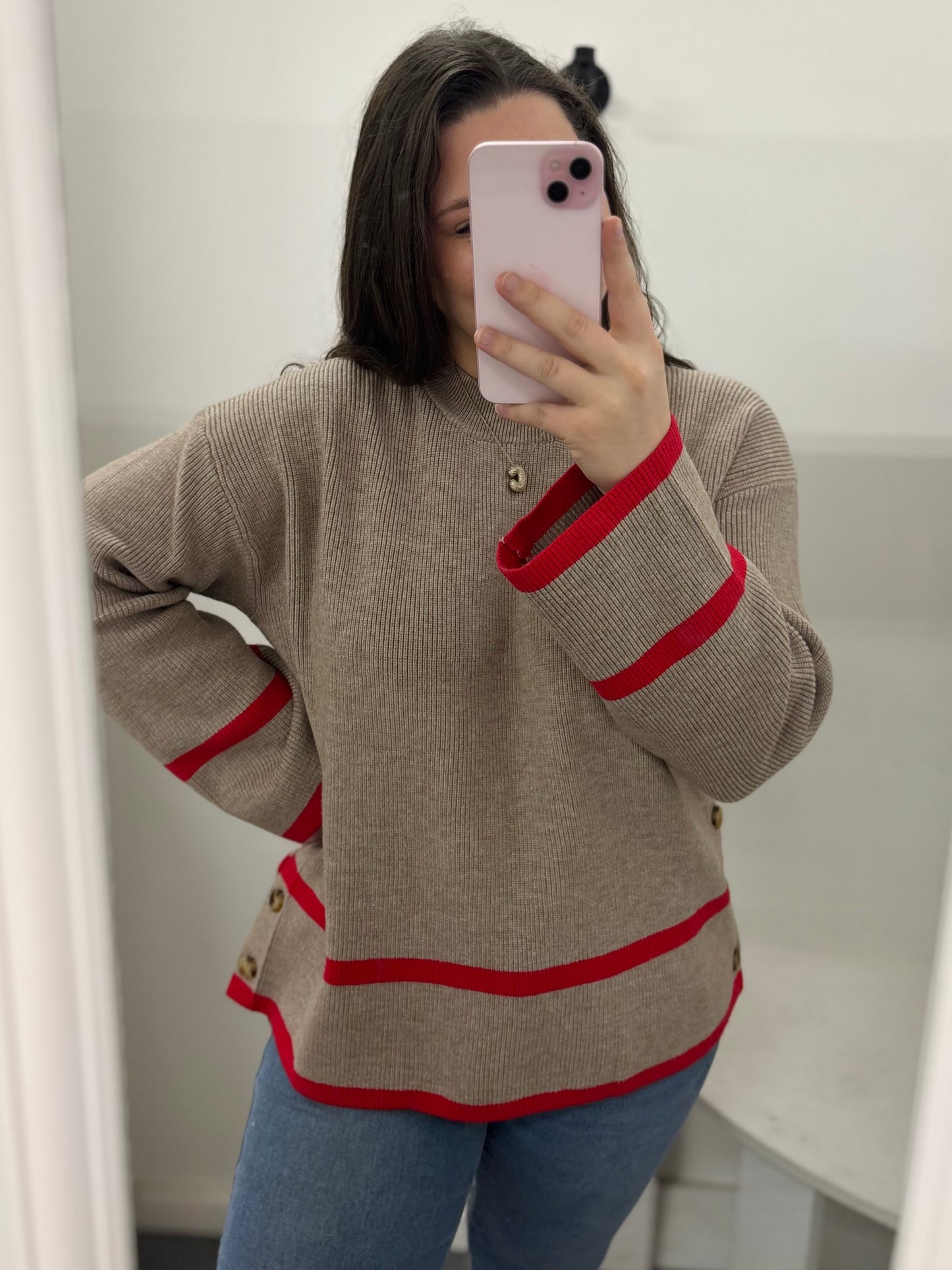 Taupe Ribbed Red Stripe Sweater