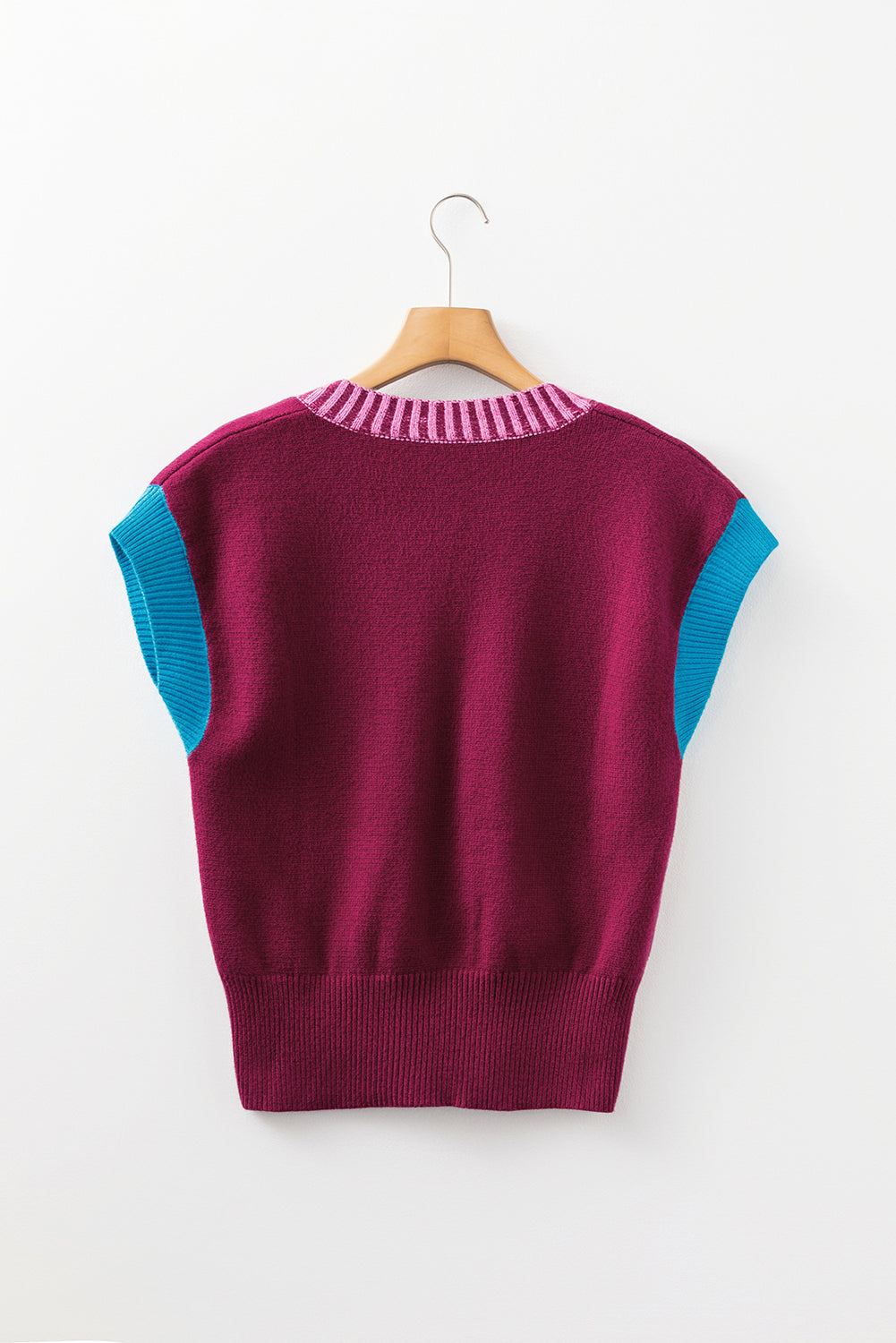 Modern Grace burgundy short sleeve sweater with contrast trim and V-neck, perfect for casual or layered look.