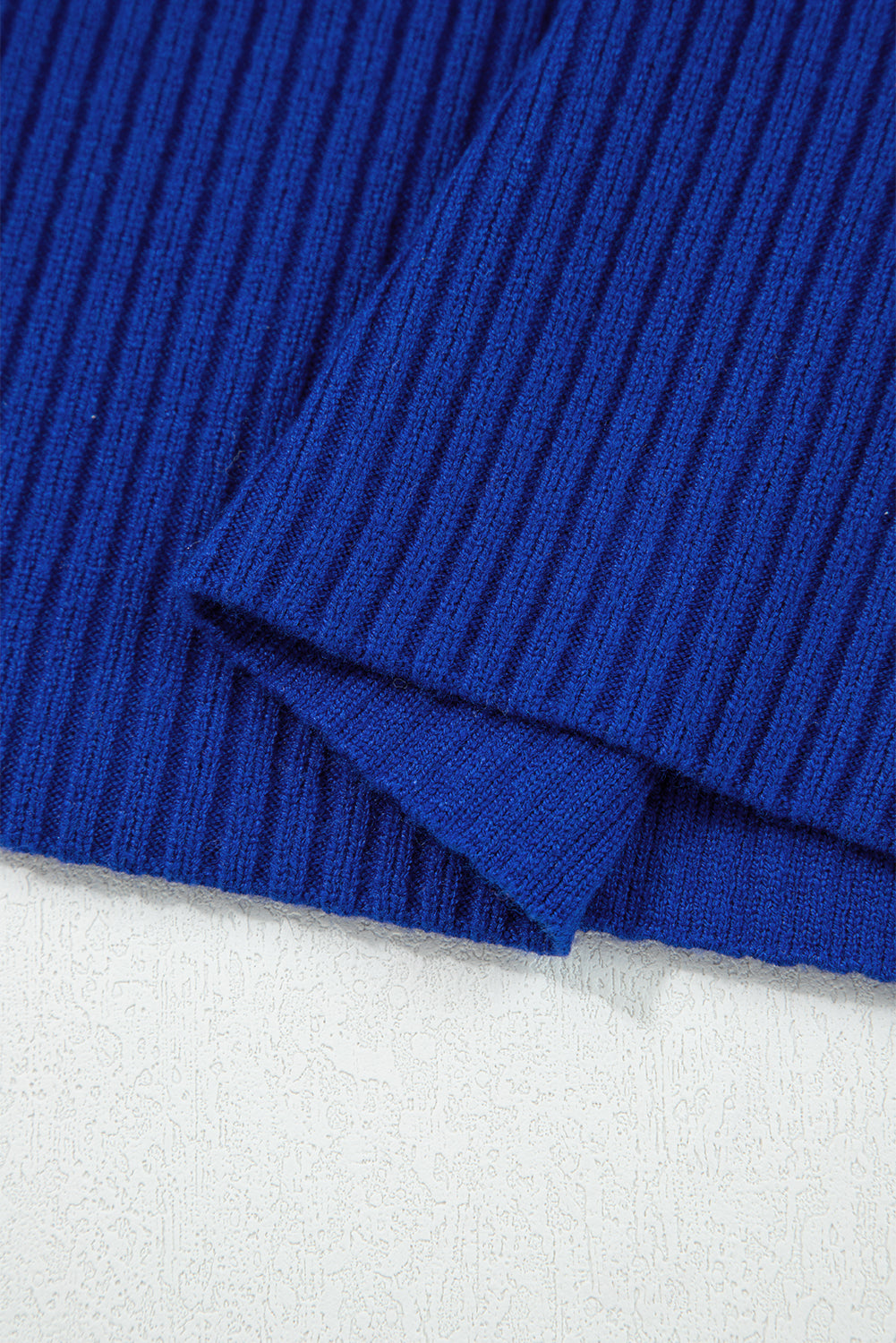 Dark blue Modern Grace short sleeve sweater top with ribbed knit and front pocket, made from viscose, polyester, and polyamide fabric.