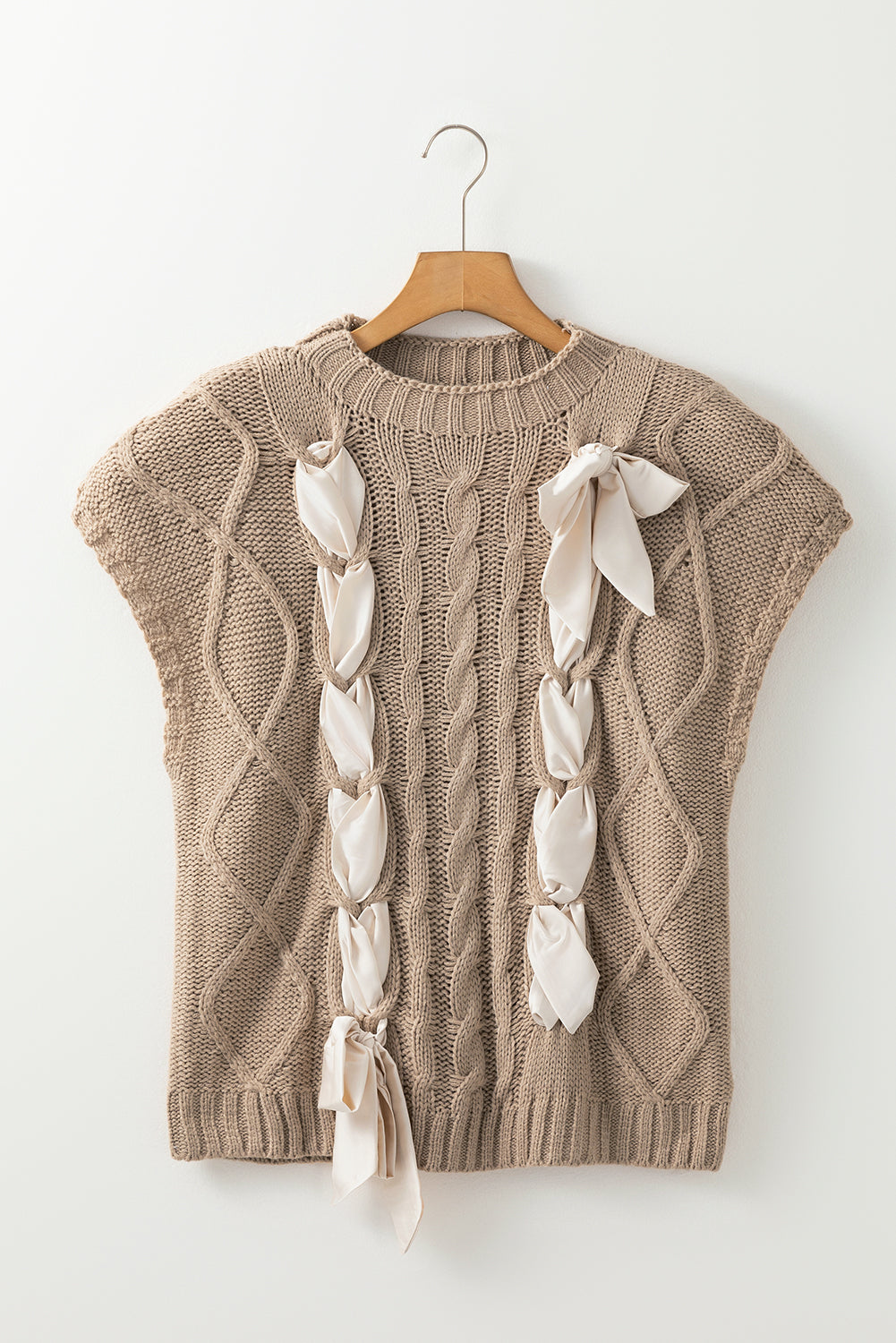 Modern Grace taupe cable knit short sleeve sweater with colorblock design and satin bowknot, casual and stylish for all-day wear.