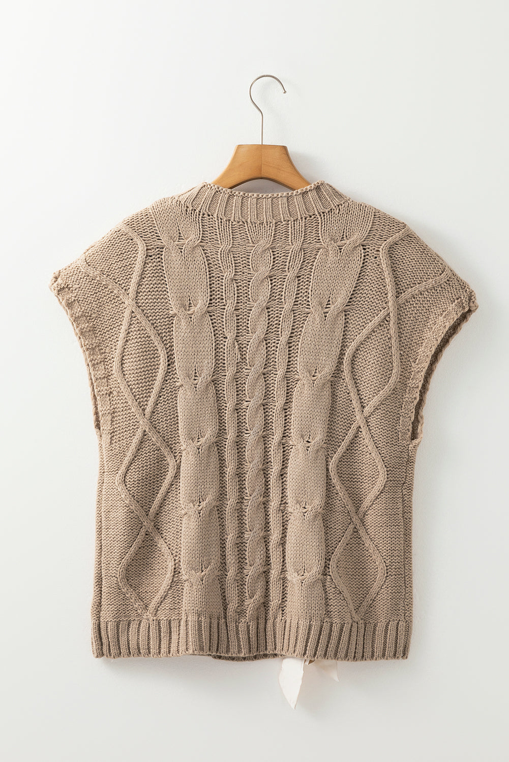 Modern Grace taupe cable knit short sleeve sweater with colorblock design and satin bowknot, casual and stylish.