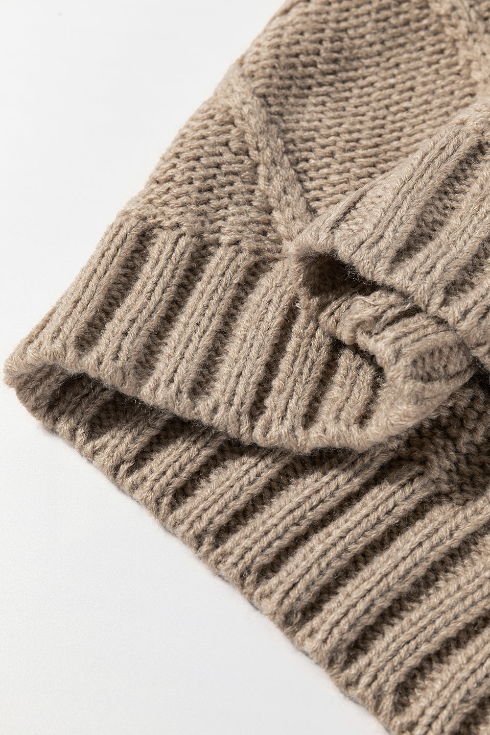 Modern Grace Simply Taupe cable knit short sleeve sweater with colorblock satin bowknot, featuring a cozy, stylish design.