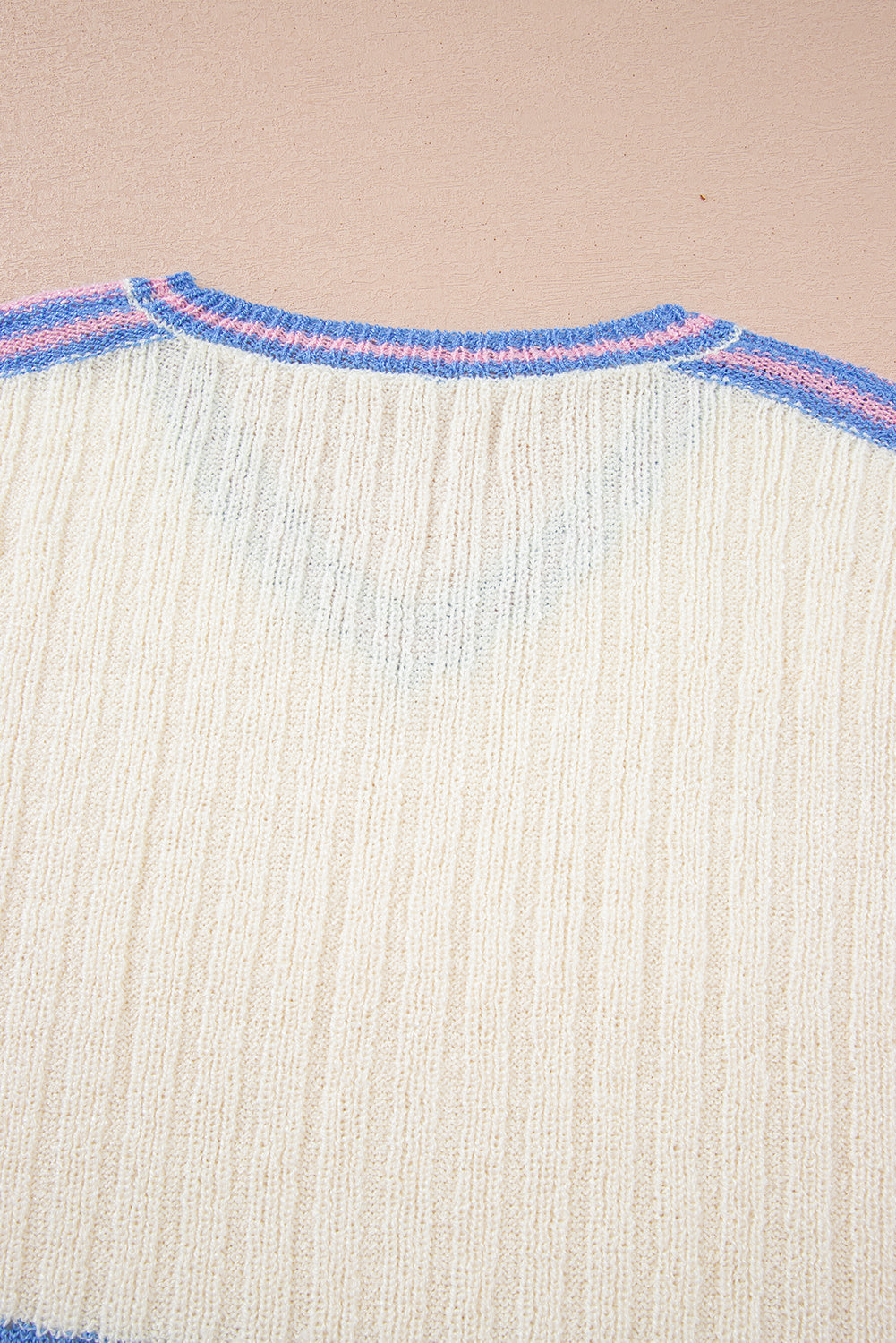 White striped V-neck dolman sleeve rib knit oversized sweater with slits, by Modern Grace, styled with casual fit and textured fabric.