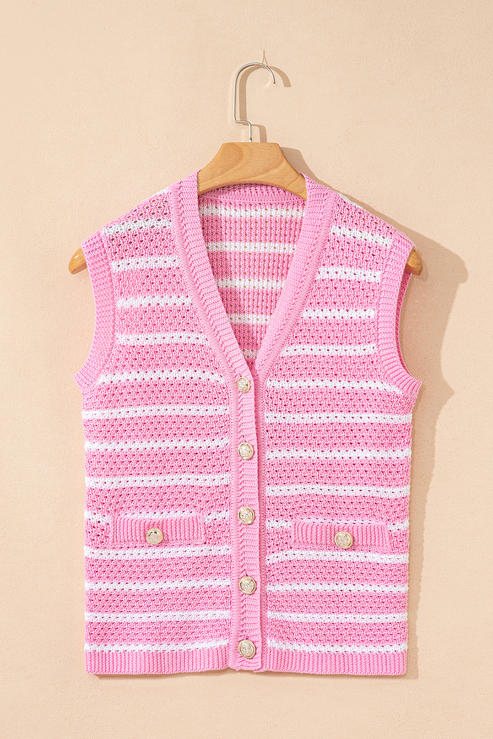 Pink stripe sweater vest by Modern Grace with V-neck, gold buttons, and a stylish, elegant design in soft acrylic and cotton.
