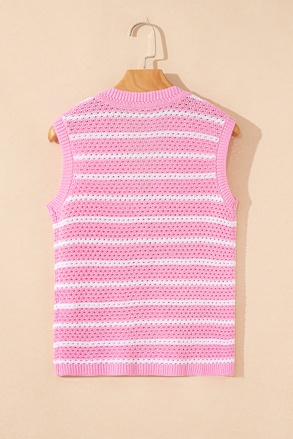 Pink stripe V-neck sweater vest by Modern Grace with gold buttons, featuring a stylish, elegant design in soft acrylic and cotton blend.