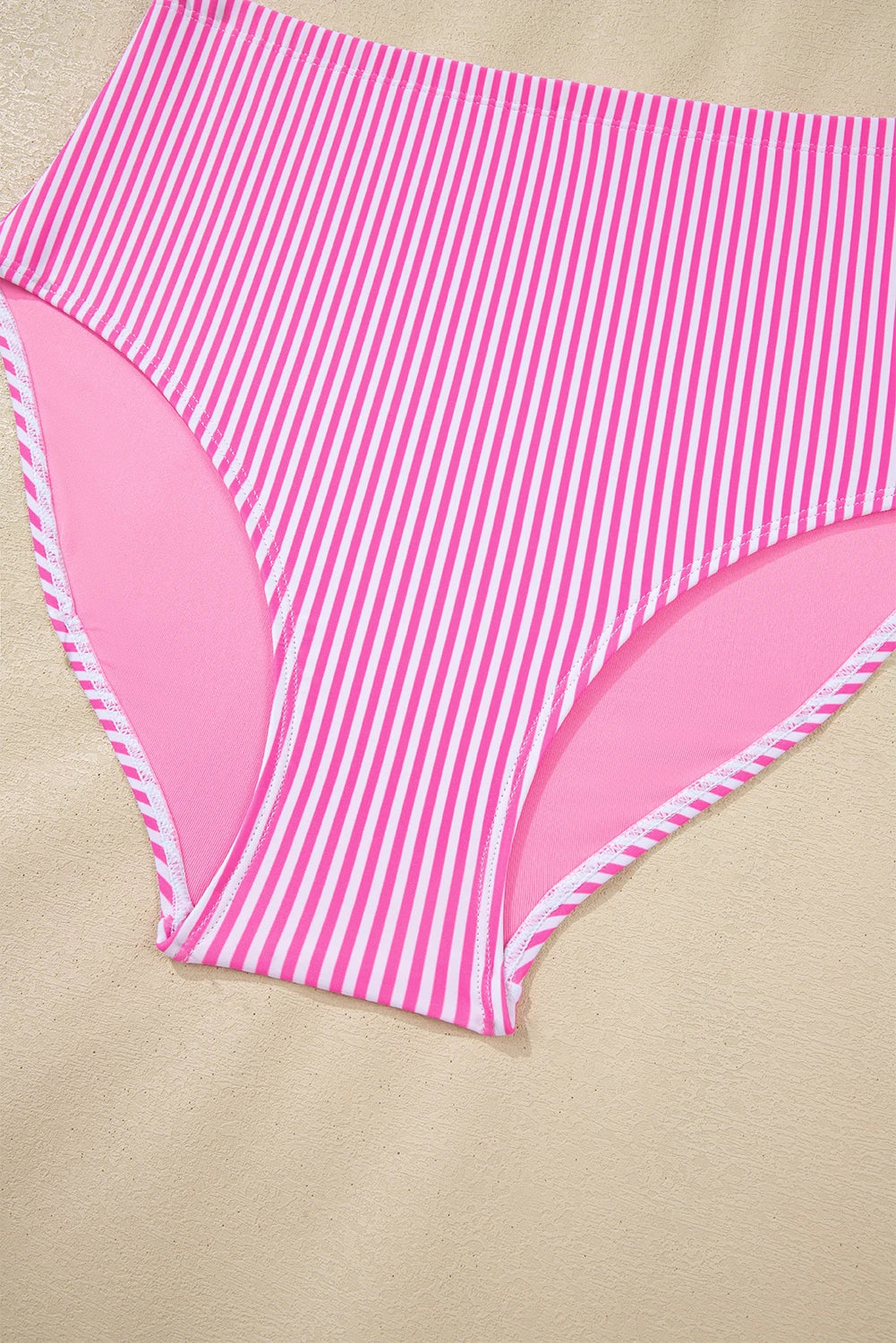 Modern Grace rose stripe knot strap high waist bikini bottoms, stylish swimwear with a flattering high-rise fit and vibrant pattern.
