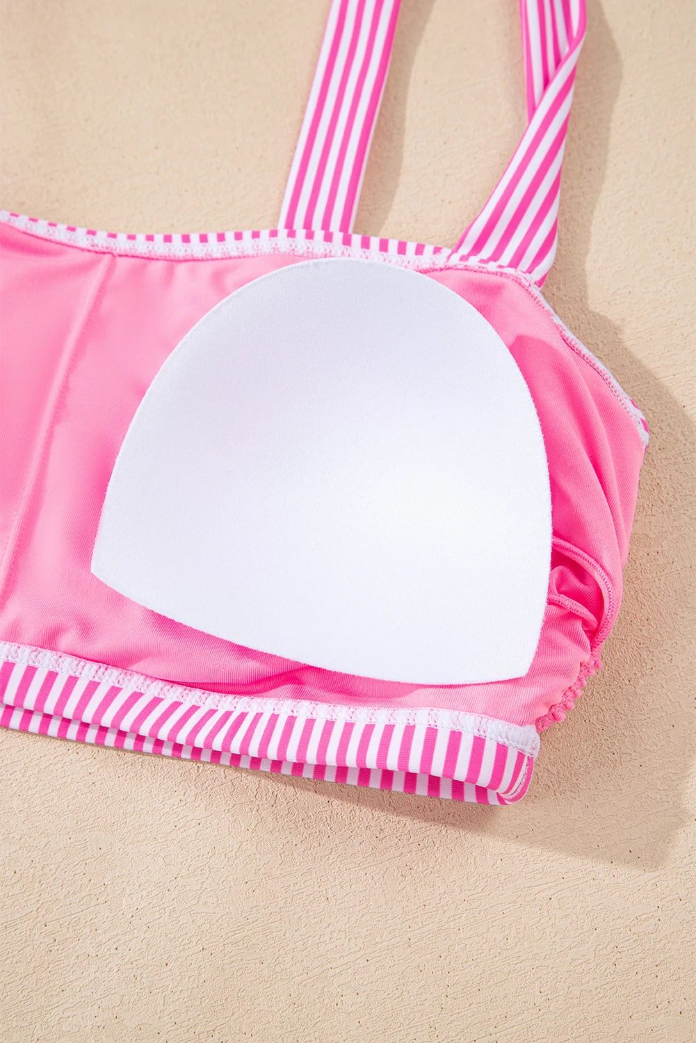 Modern Grace rose stripe knot strap high waist bikini top, stylish swimwear with adjustable straps and floral pattern.