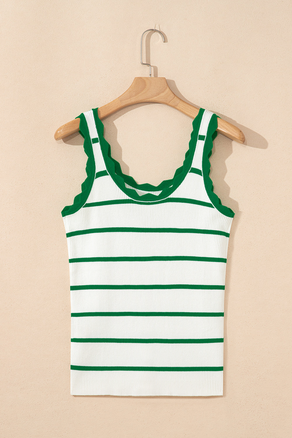 Green striped tank top with scalloped edge from Modern Grace, featuring a sleeveless design and casual fit.