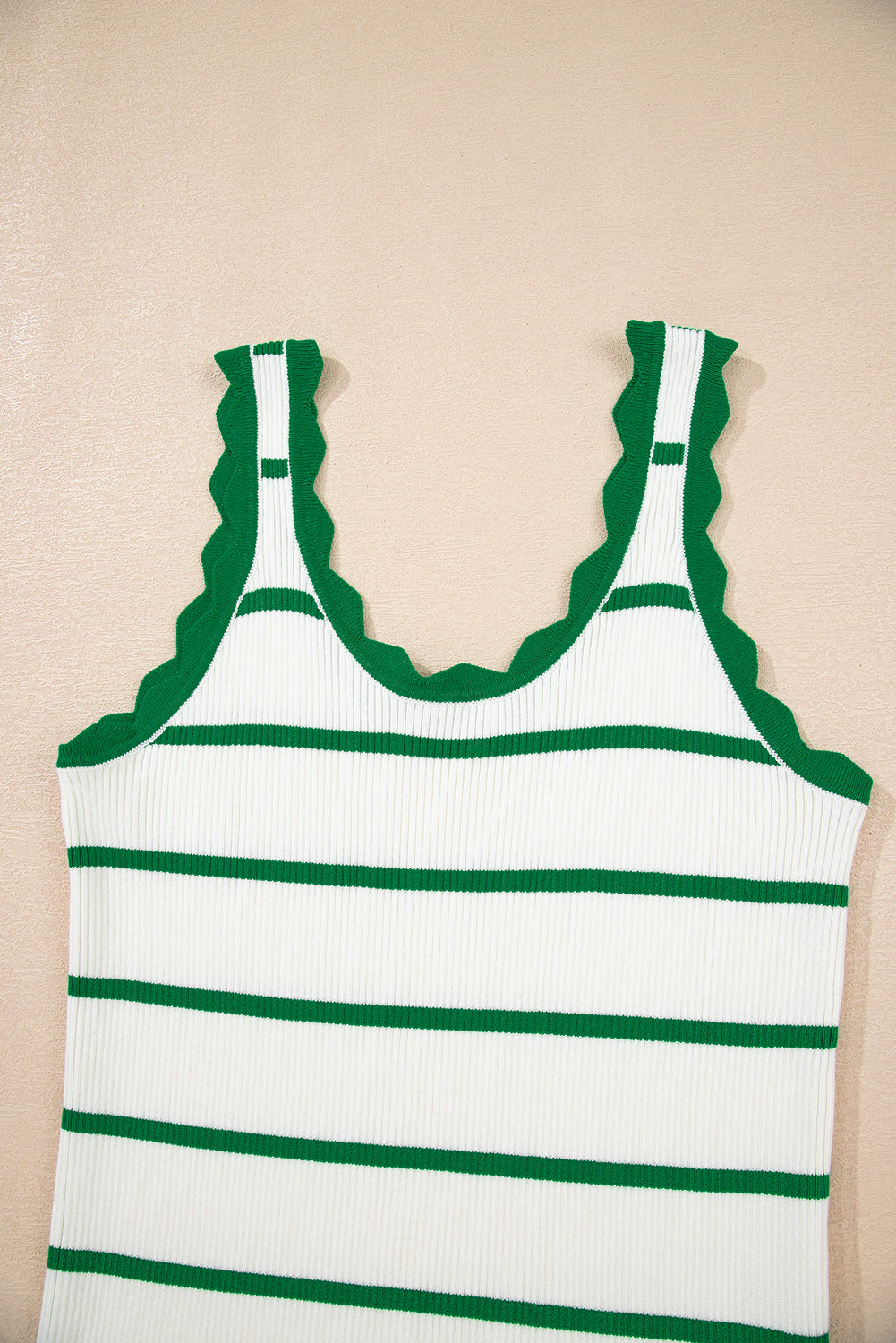 Green striped tank top with scalloped edges from Modern Grace, featuring a stylish sleeveless design and casual fit.