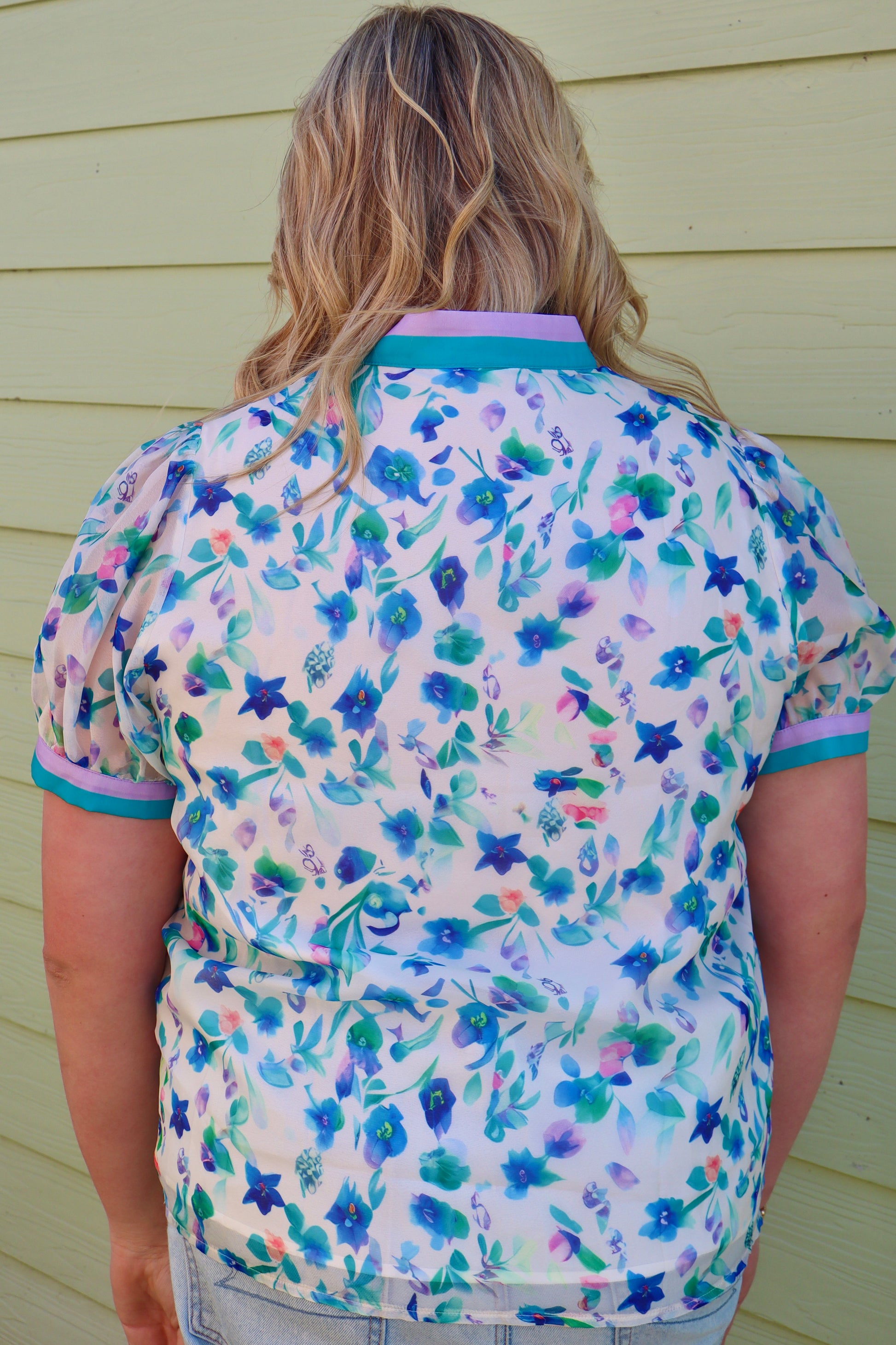 Curvy green floral print colorblock top by Modern Grace featuring a stylish design and vibrant pattern.
