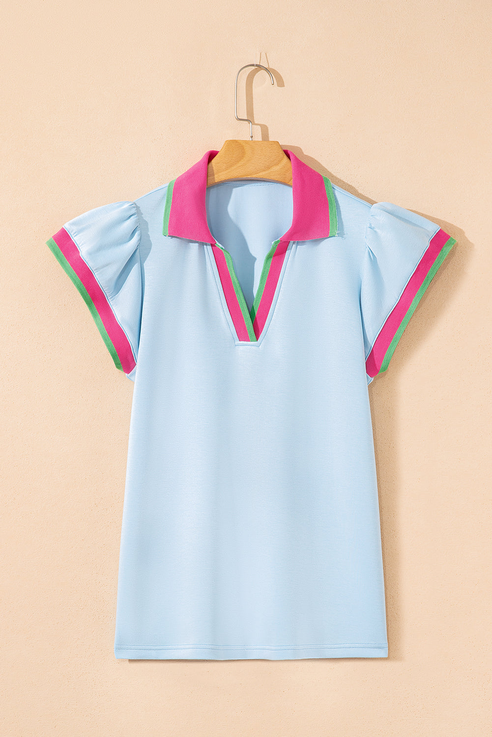 Modern Grace Beau Blue ruffled sleeve collared V-neck blouse, polyester and viscose blend, with contrast accents.