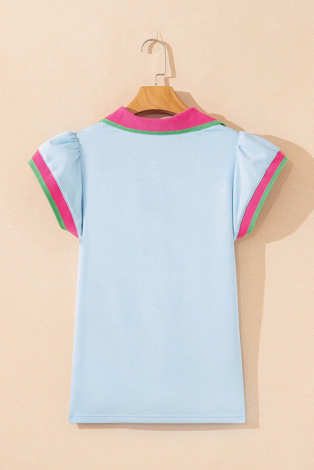 Modern Grace Beau Blue contrast ruffled sleeve collared V-neck blouse, stylish tops with polyester, viscose, and elastane.