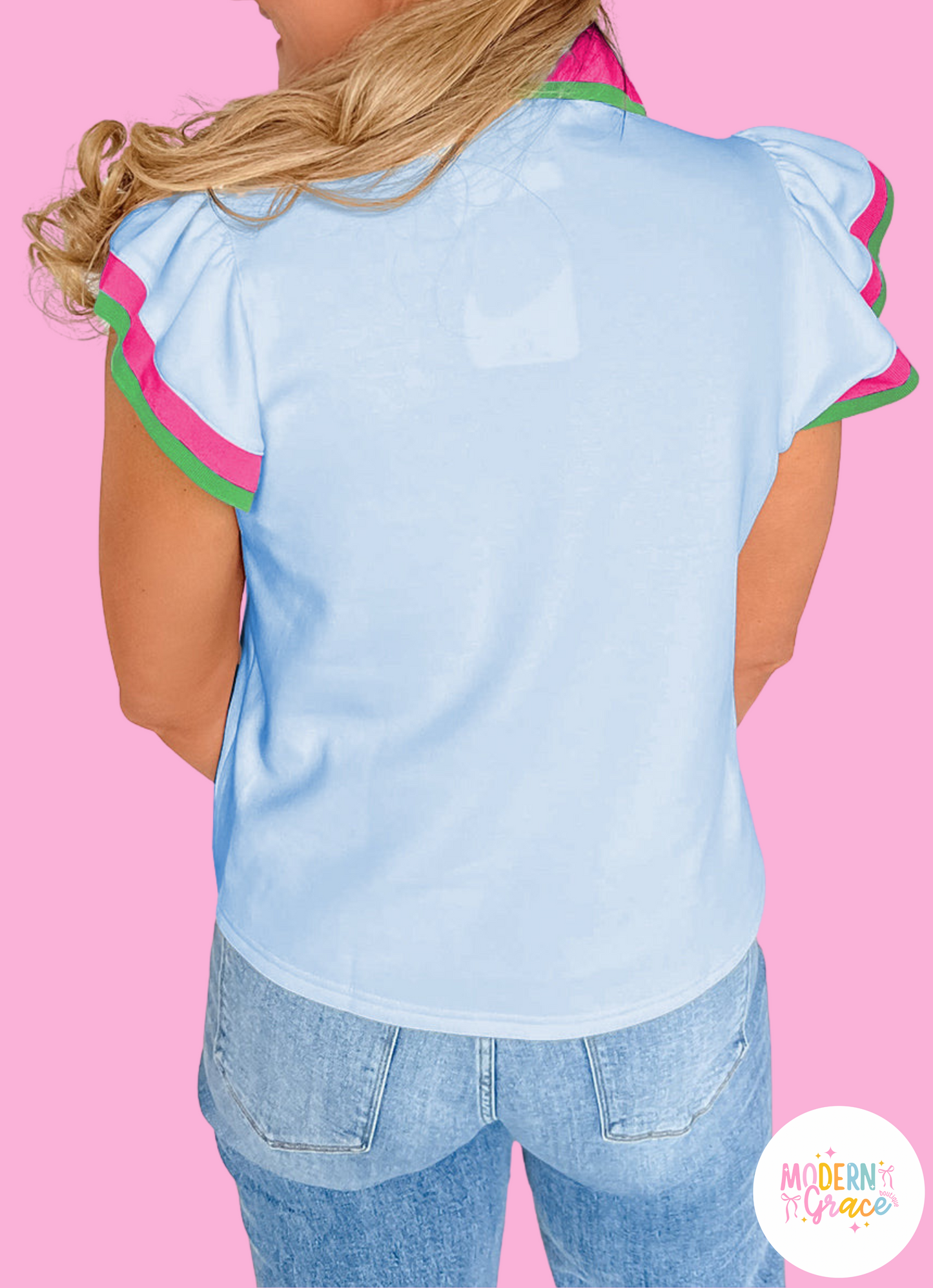 Modern Grace Beau Blue ruffled sleeve collared V-neck blouse, polyester-viscose blend, stylish contrast details, warehouse exclusive top.
