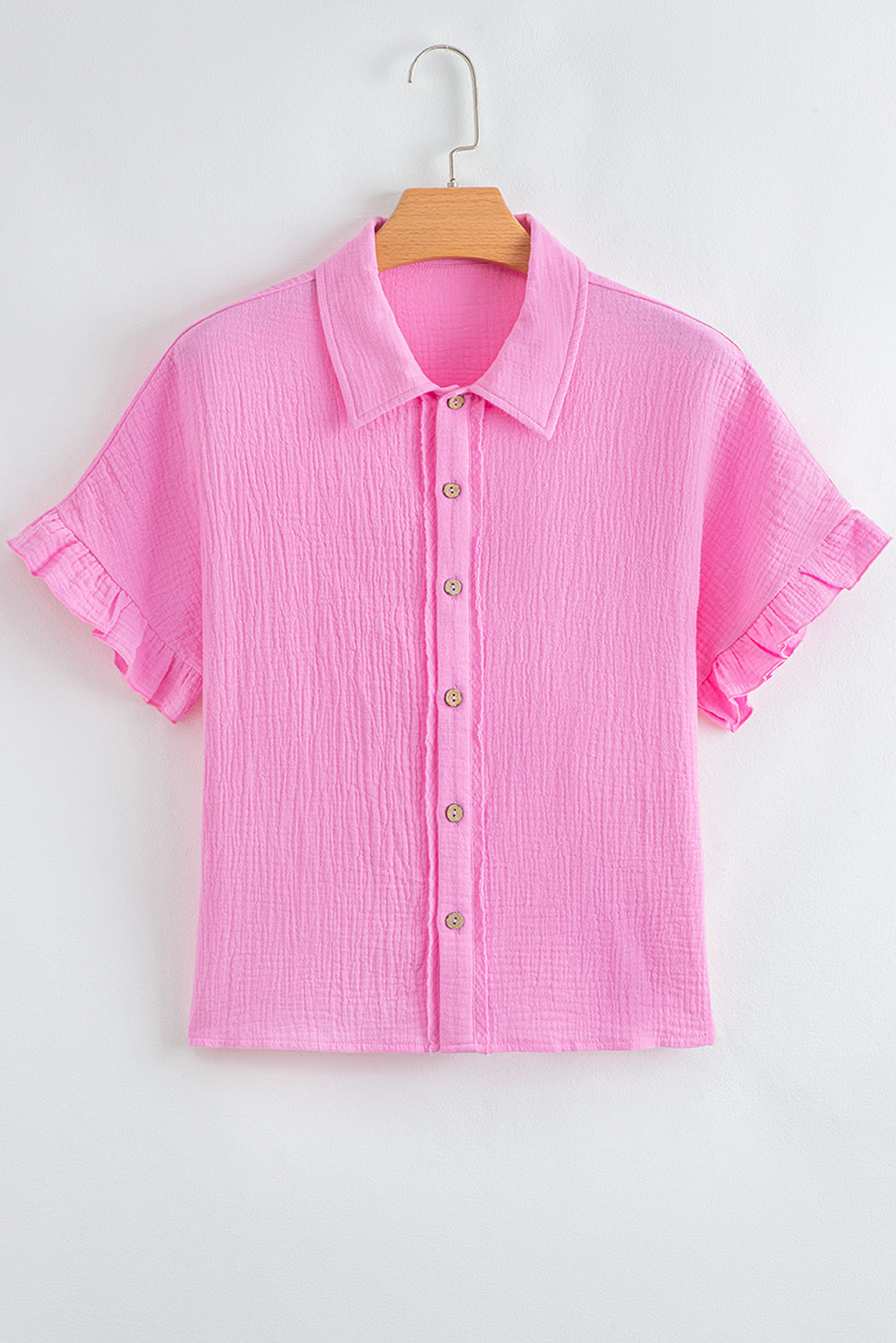 Modern Grace Bonbon mineral wash textured short sleeve shirt with ruffle trim, 100% cotton, casual blouse for women.