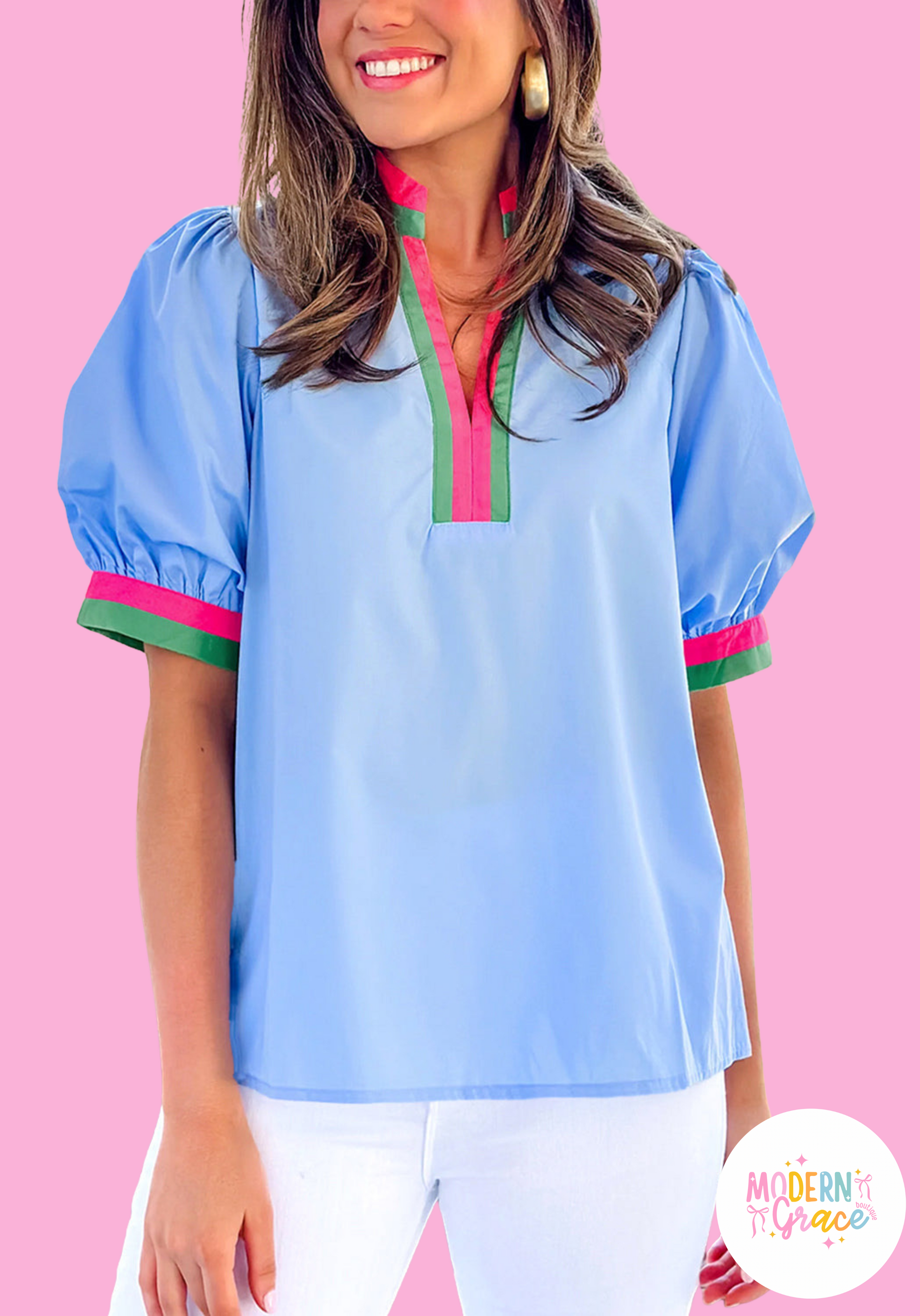 Sky blue striped V-neck blouse by Modern Grace with short puff sleeves, made of 100% cotton, showcasing a stylish casual top.