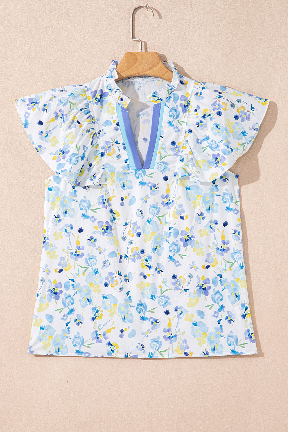 Sky blue floral print blouse by Modern Grace featuring a frilled notched V-neck and lightweight cotton-viscose blend.