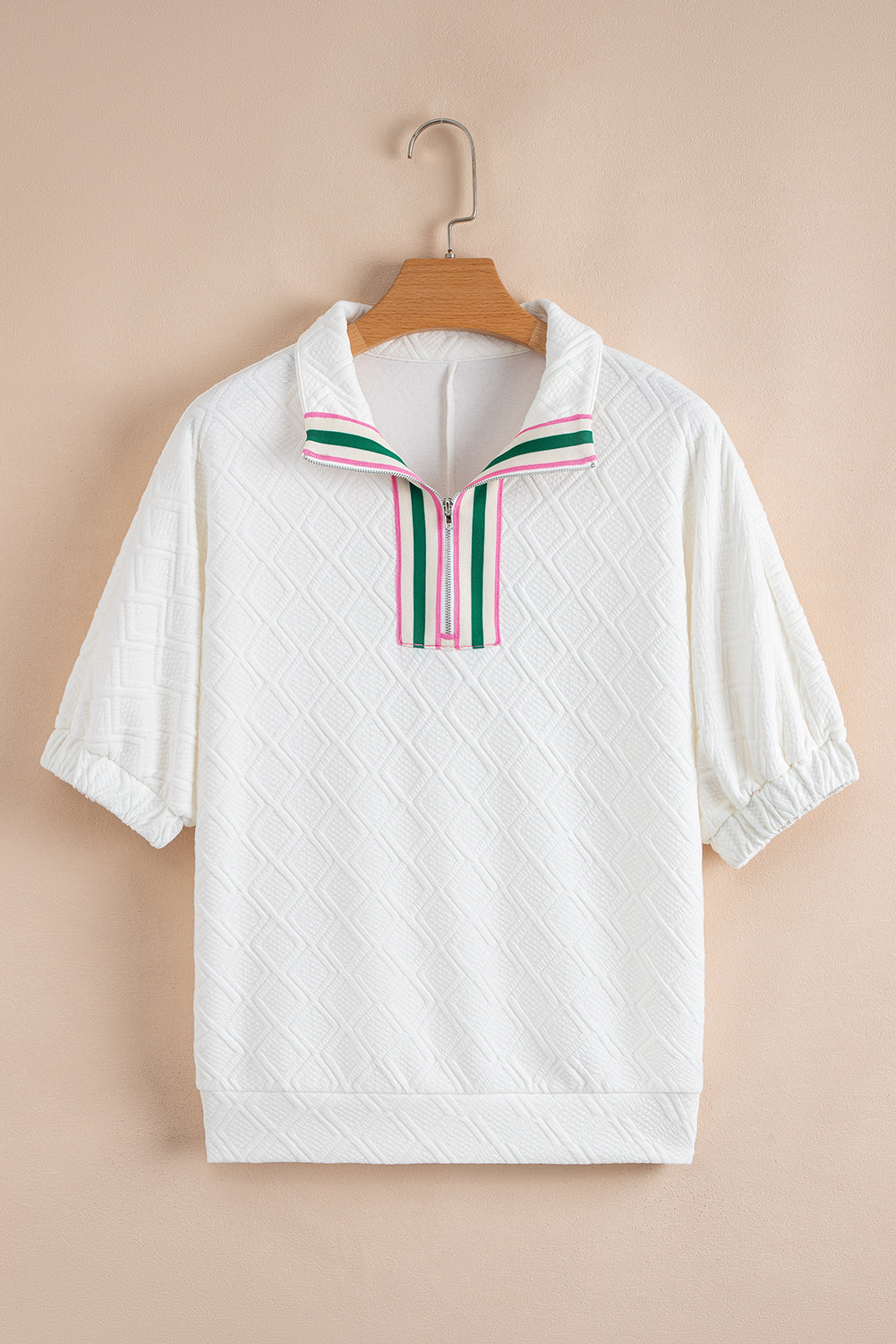 Modern Grace white contrast striped collar patchwork textured half sleeve blouse with stylish design and textured fabric.