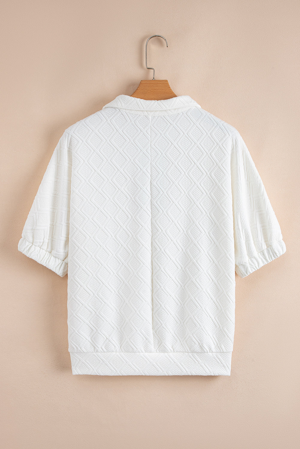White contrast striped collar patchwork textured half sleeve blouse by Modern Grace, featuring a stylish design and comfortable fit.
