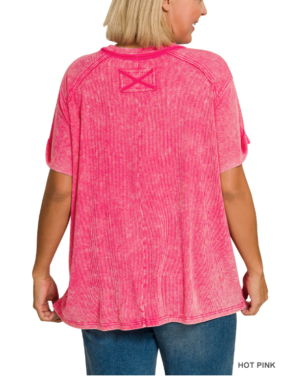Fuchsia washed ribbed short sleeve boat-neck top by Modern Grace, shown in a close-up image highlighting fabric texture and neckline.