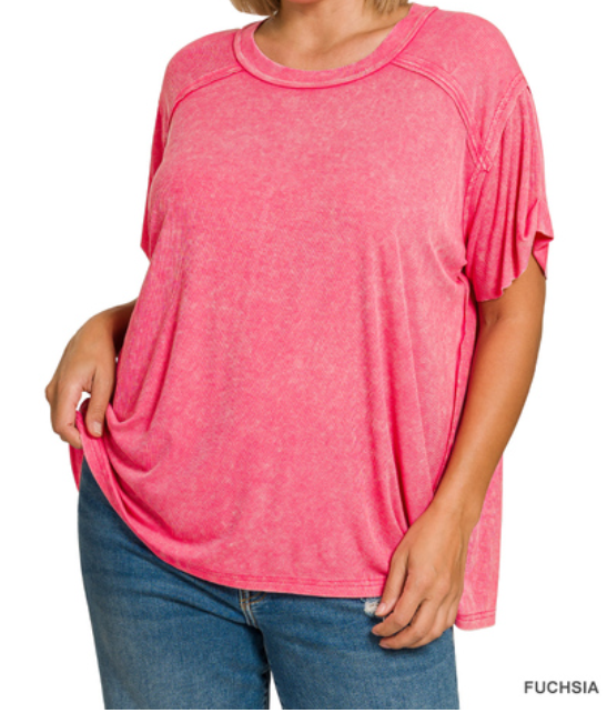 Fuchsia washed ribbed boat-neck short sleeve top by Modern Grace, available in sizes S to 3X, shown on a hanger.