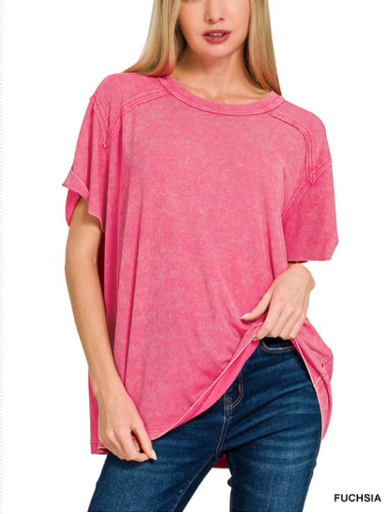 Fuchsia washed ribbed boat-neck short sleeve top from Modern Grace, stylish and comfortable for casual wear.