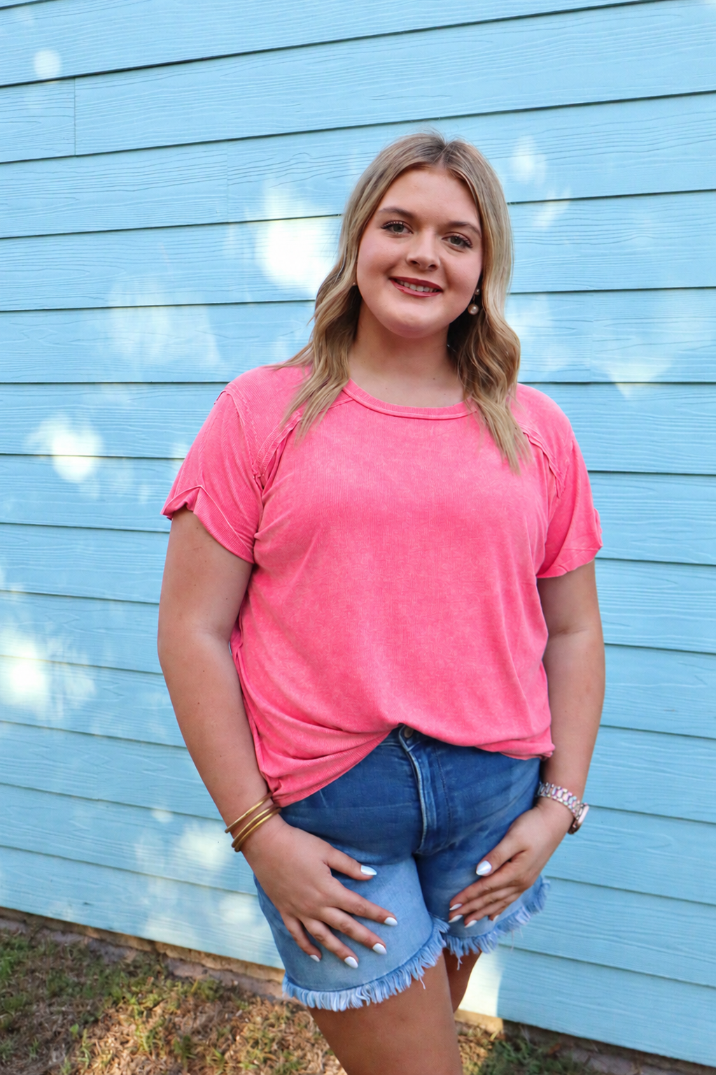 Fuchsia Washed Ribbed Short Sleeve Boat-Neck Top