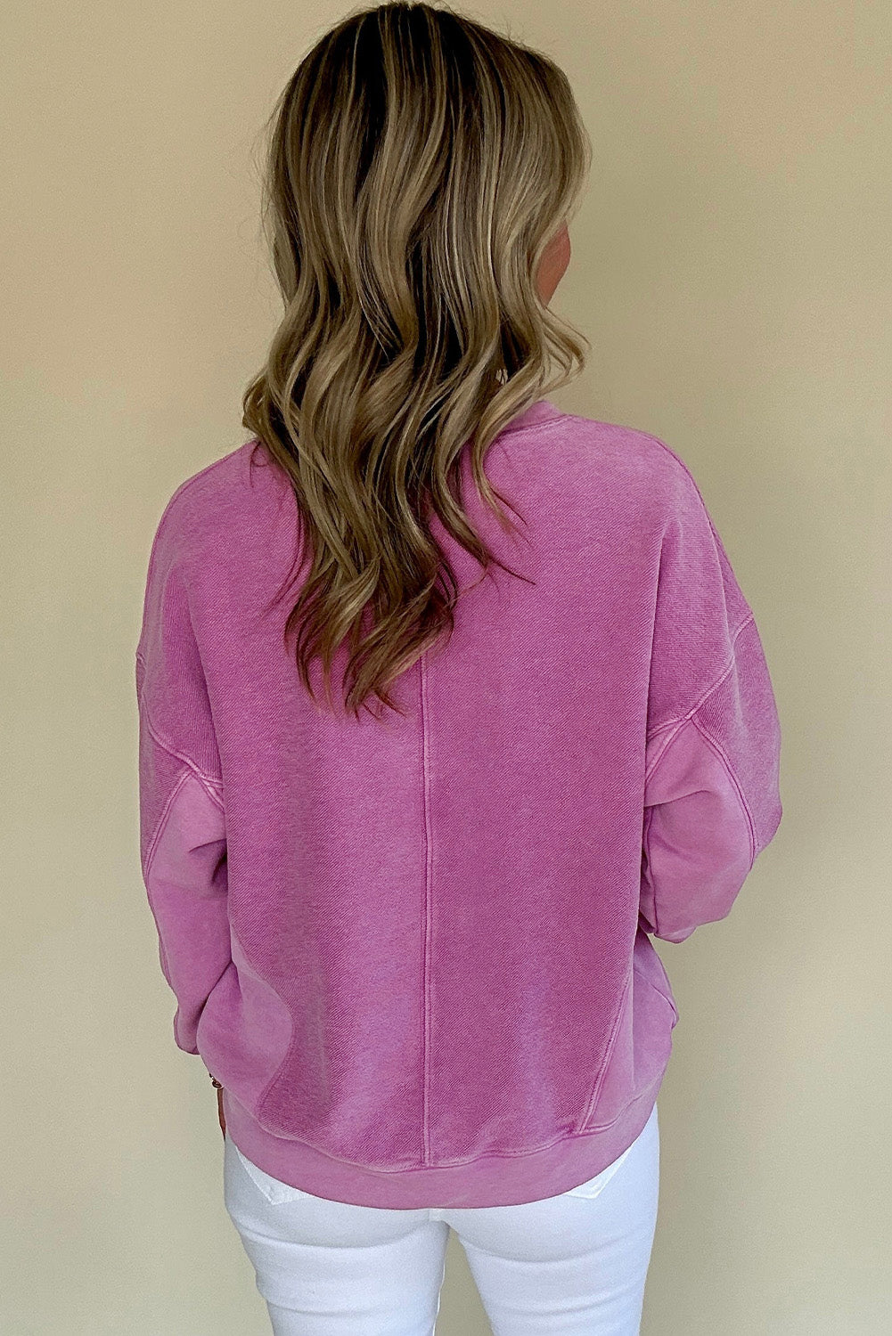 Bright pink solid color notched neck sweatshirt by Modern Grace featuring drop shoulder design, casual style, Warehouse exclusive.