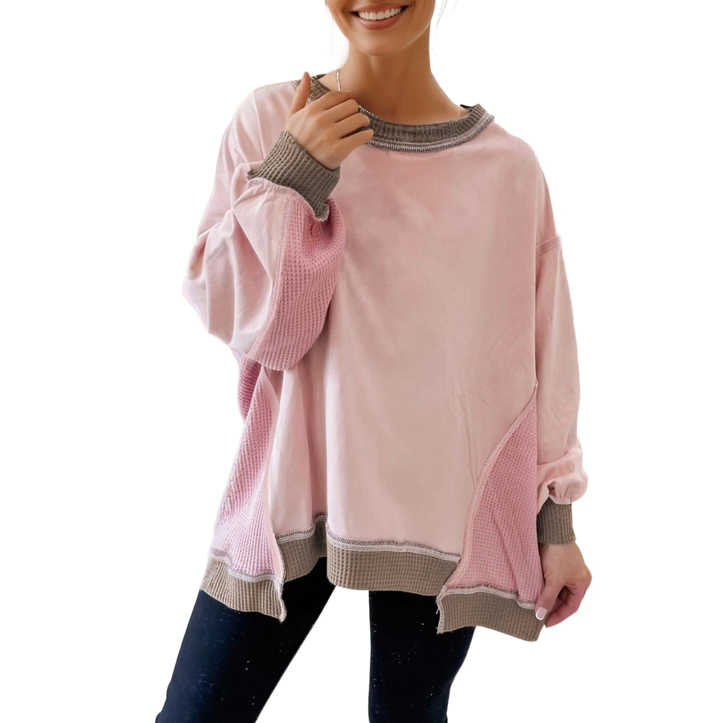 Light pink color block mix texture waffle patchwork oversized sweatshirt by Modern Grace, featuring a stylish and cozy design.